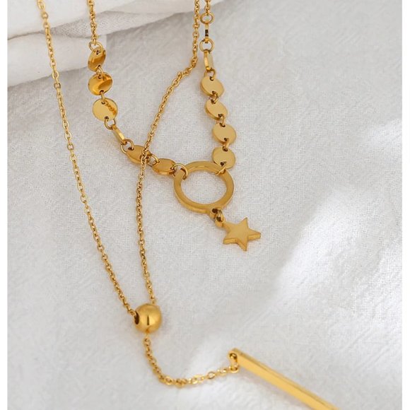 New 18K Gold Plated Circle Bar Coin Star Double Layer Necklace - Picture 3 of 6